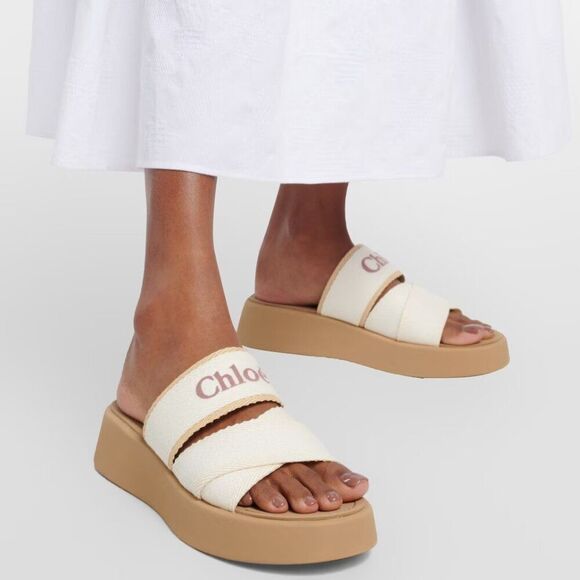 Chloe Women's Beige & White Mila Flat Mules Sandals Size 39 (US 8) Nwt